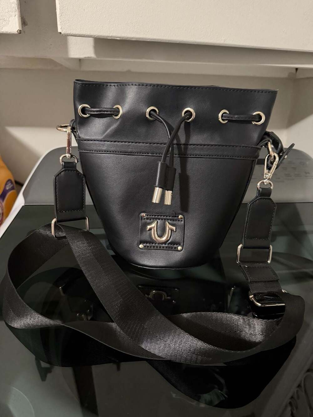 True Religion Black Faux Leather Bucket Bag Purse Crossbody
